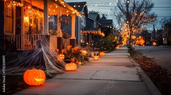 Fototapeta Residential street decorated for Halloween with glowing jack-o’-lanterns, spider webs and string lights creating a festive and spooky neighborhood atmosphere at dusk