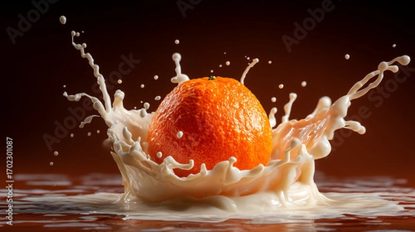 Fototapeta A vibrant tangerine plunges into a creamy liquid creating a dynamic splash against a dark backdrop