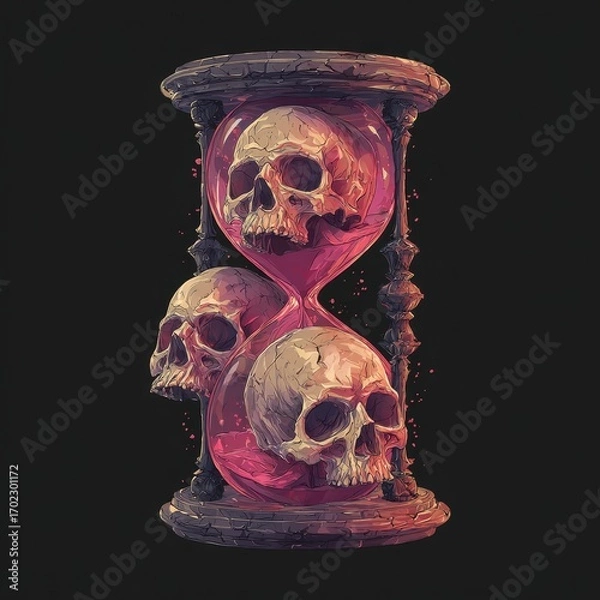 Fototapeta Macabre hourglass with three skulls and swirling pink sand symbolizing the passage of time and mortality