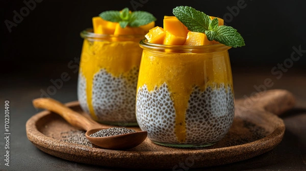 Fototapeta Two jars of chia seed pudding topped with mango and mint on a wooden tray close up shot