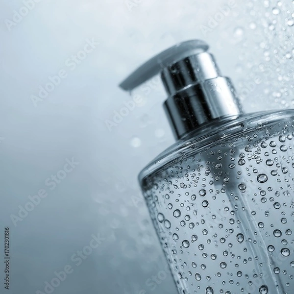 Fototapeta Clear liquid soap dispenser with water droplets on glass bottle and metallic pump in soft light