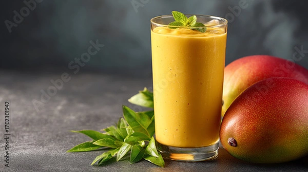 Fototapeta A tall glass of mango smoothie with mint garnish next to fresh mangoes on a dark surface setting