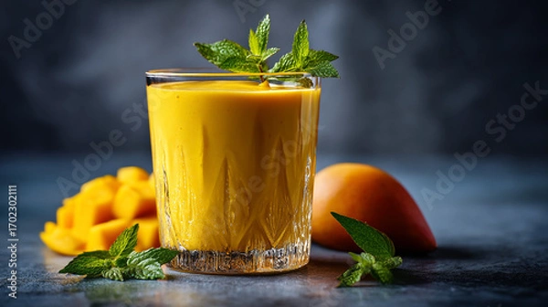 Fototapeta A vibrant mango smoothie in a glass garnished with mint leaves alongside fresh mango pieces on table