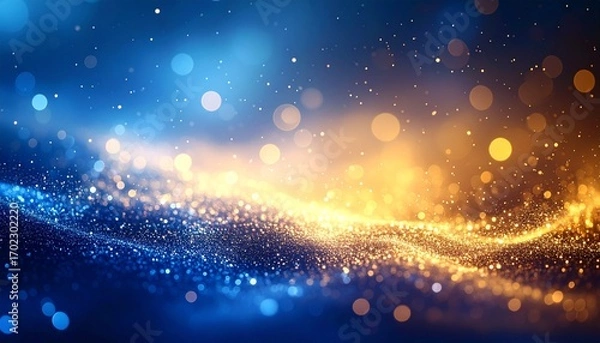 Fototapeta Dynamic wave of sparkling blue and gold particles with soft bokeh lights.