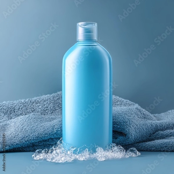 Fototapeta A sleek blue bottle of cosmetic product sits on a textured fabric with ice shards and water droplets