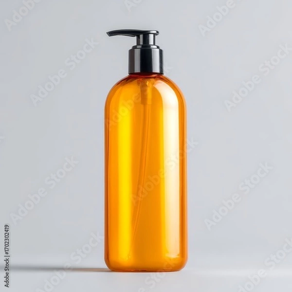 Fototapeta A tall amber colored pump bottle with a black dispenser cap on a light grey background