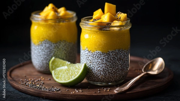 Fototapeta Two jars of mango chia seed pudding with lime wedges and a spoon on a wooden serving board