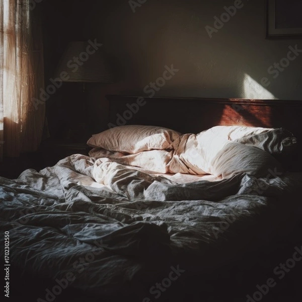 Fototapeta Cozy bedroom scene with soft light streaming through a window onto a rumpled bed with pillows