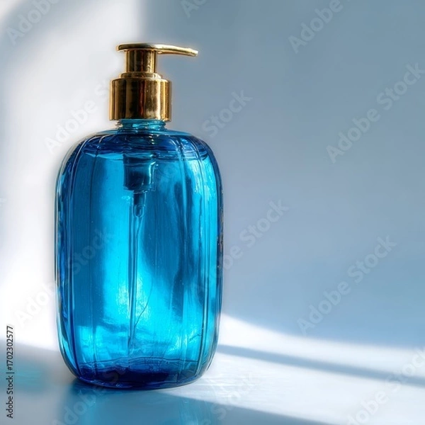 Fototapeta Elegant blue glass soap dispenser with gold pump on a light blue background with soft shadows