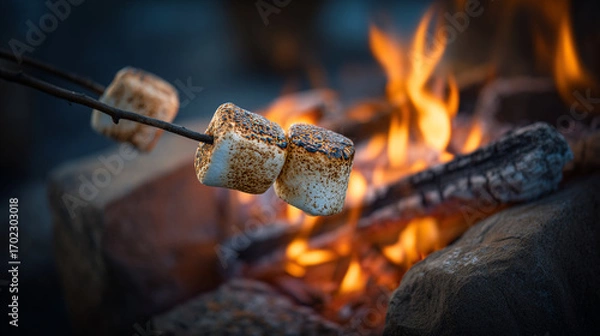 Fototapeta Toasted marshmallows on a stick held over a campfire with flames and rocks in the background outdoors