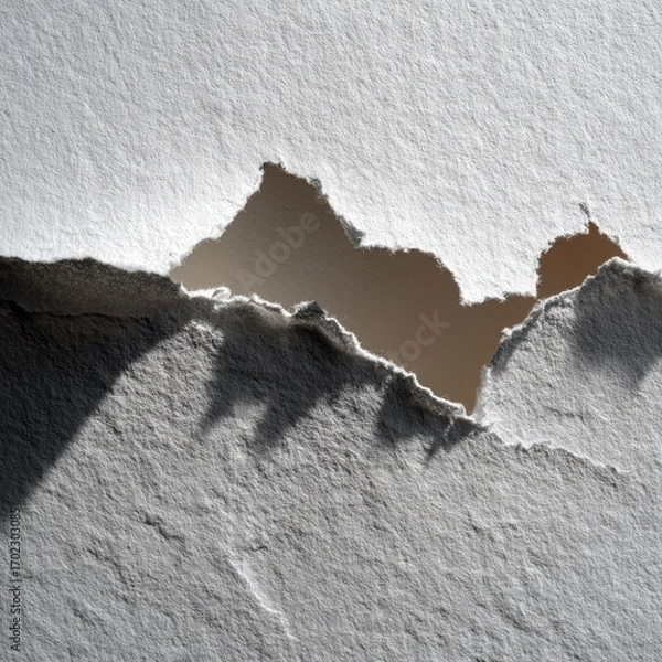 Fototapeta Close up abstract texture of rough weathered concrete wall with torn paper revealing warm light behind