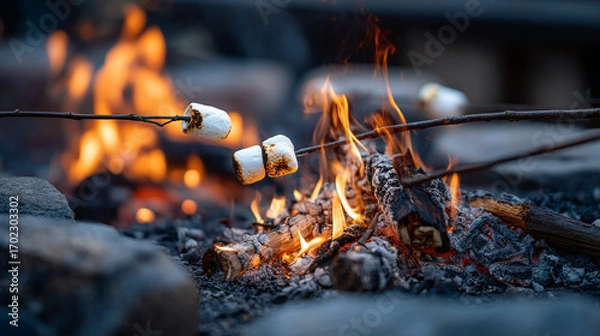 Fototapeta Marshmallows roasting over a bright campfire with visible flames and glowing embers at dusk time