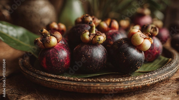 Fototapeta A close up shot of a pile of mangosteens on a decorative plate with a leaf and a blurred background