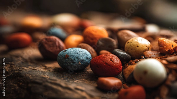 Fototapeta A close up shot of colorful pebbles scattered on a dark textured surface with shallow depth of field