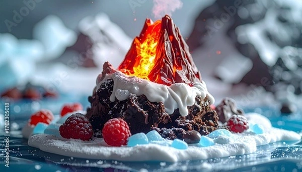 Fototapeta Creative chocolate volcano dessert with fiery lava, snowy frosting, berries, and ice candy.