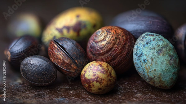 Fototapeta A close up shot of various colorful seeds and pods arranged on a textured brown surface outdoors