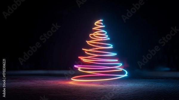Fototapeta A christmas tree made of colorful neon lights standing on a reflective surface against a dark background