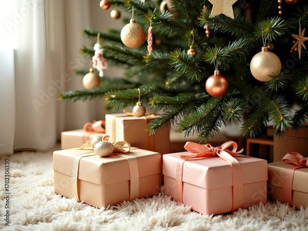 Fototapeta Christmas presents wrapped in elegant paper and ribbons lie under a beautifully decorated Christmas tree adorned with sparkling ornaments, creating a festive and joyful scene.