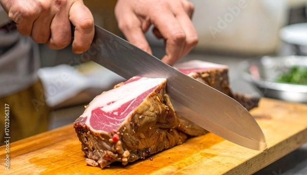 Fototapeta Close-up of chef's hands slicing gourmet cured meat on a wooden board.