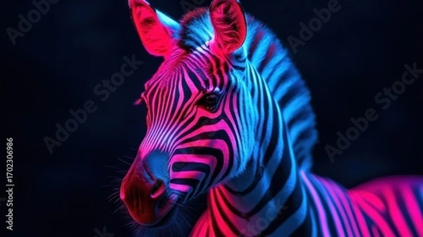 Fototapeta Vibrant zebra portrait, illuminated with pink and blue neon light against a dark background