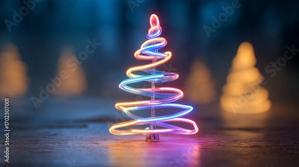 Fototapeta A vibrant christmas tree formed from colorful neon lights on a reflective surface in a dark room