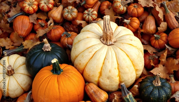 Fototapeta Pumpkins of different shapes and sizes lie on autumn leaves