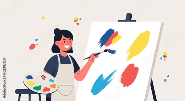 Fototapeta Illustrative depiction of an artist painting strokes of color on a white canvas board