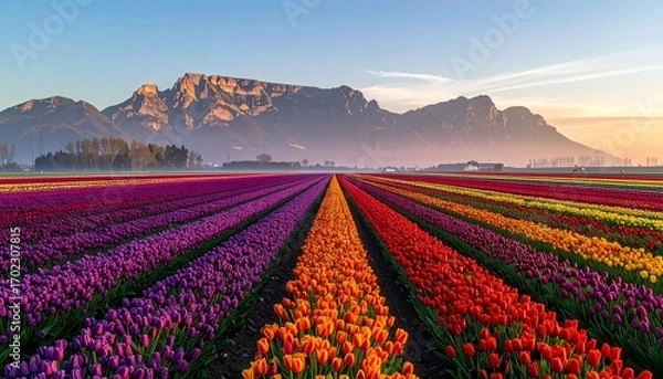 Fototapeta Stunning view of vibrant tulip fields in bloom under majestic mountains at dawn.