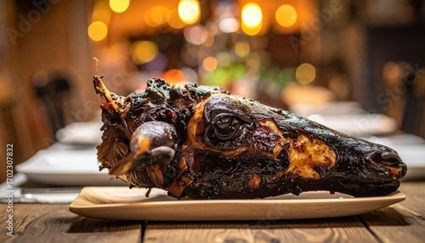 Fototapeta Crispy, slow-roasted whole pig head, a unique culinary experience.