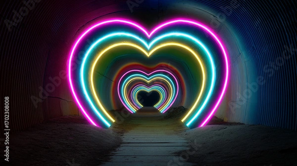 Fototapeta Heart shaped neon lights in a tunnel creating a romantic and vibrant visual experience art