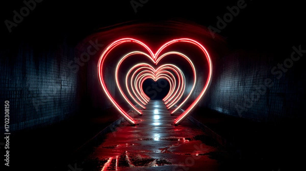 Fototapeta A tunnel of glowing red heart shapes diminishing into the distance with a reflective floor surface