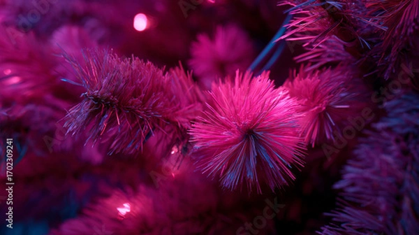 Fototapeta Close up of a pink christmas tree with lights creating a festive and vibrant atmosphere indoors