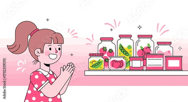 Fototapeta Joyful Girl Admiring Preserved Foods in Jars and Cans on a Shelf Illustration