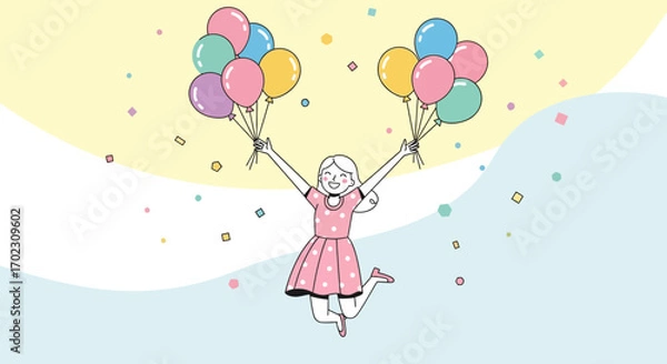 Fototapeta Joyful Girl Celebrating With Balloons in a Cheerful And Colorful Scene