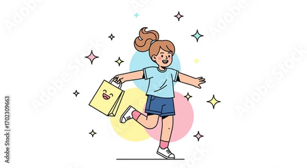 Fototapeta Joyful Girl Running With a Shopping Bag in a Colorful Composition of Illustration Form
