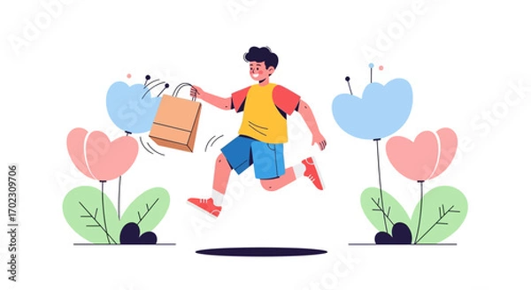 Fototapeta Joyful illustration of a boy running with a shopping bag and flowers, minimal and simple
