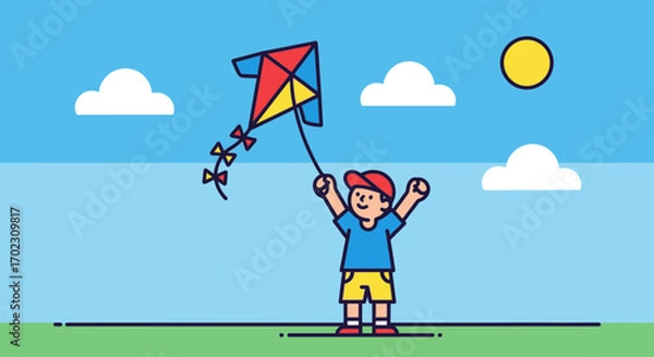 Fototapeta Joyful Kid Flying A Colorful Kite Under A Bright Sky During A Cheerful Summer Day