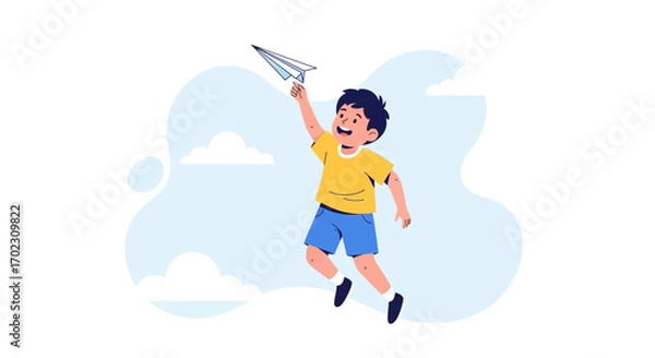 Fototapeta Joyful Kid Launching Craft Airplane into the Sky, Embracing Play and Childhood