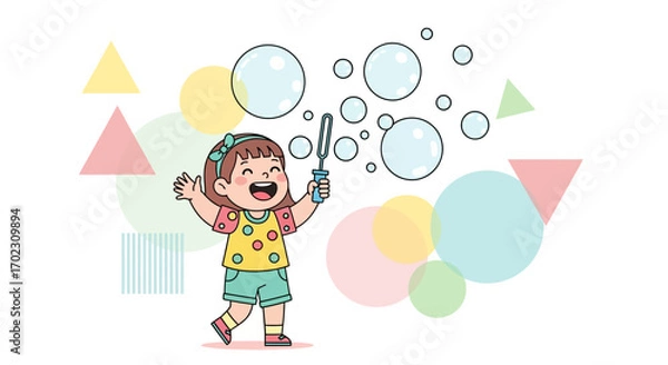 Fototapeta Joyful Little Girl Blowing Soap Bubbles and Forming a Happy Scene of Playtime