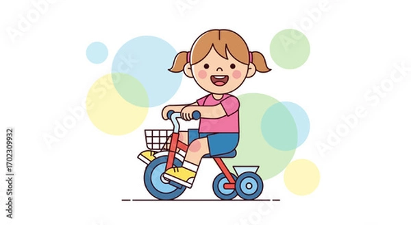 Fototapeta Joyful little girl riding a tricycle with a cheerful expression and colorful background