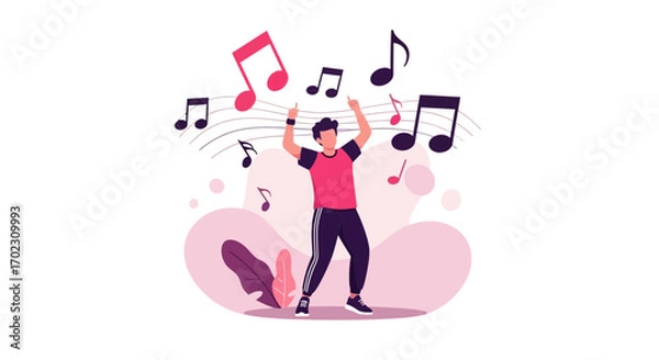 Fototapeta Joyful man dancing with musical notes representing music and enjoyment in a flat style