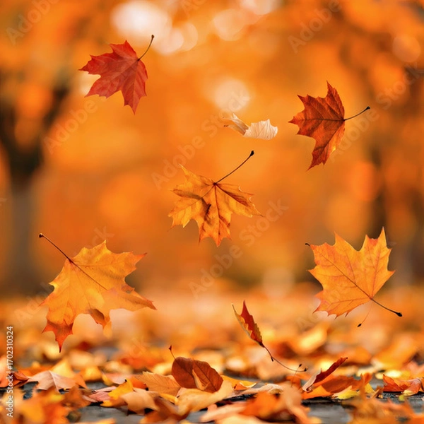 Fototapeta Bright autumn leaves gracefully fall through the air against the backdrop of a picturesque forest, conveying the essence of autumn.