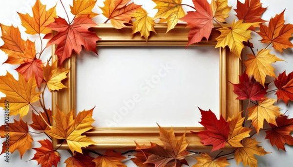 Fototapeta A wooden frame with space for text and decorated with bright autumn leaves, perfect for framing seasonal artwork or messages.