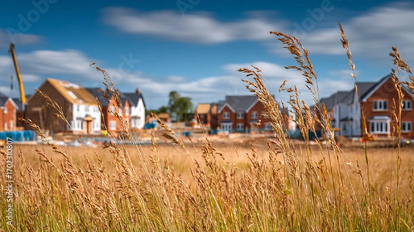Fototapeta View of new houses under construction with tall grass in the foreground on a sunny day outside