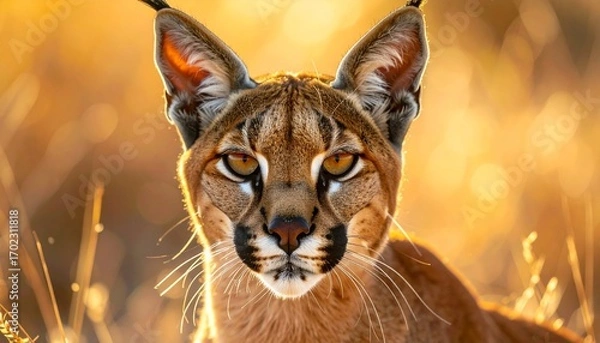 Fototapeta Stunning Caracal portrait, warm golden light, blurred background. Wildlife beauty.