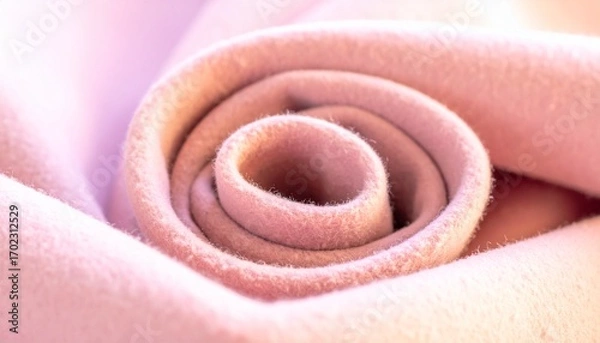 Fototapeta Close-up of soft pink fabric rolled in a spiral, highlighting its cozy texture.
