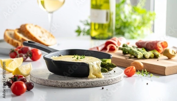 Fototapeta Melted raclette cheese in a mini skillet, with charcuterie, bread, and wine. Perfect for entertaining.