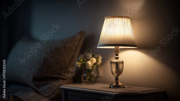 Fototapeta A bedside lamp with a pleated shade illuminating a nightstand next to a bed in a dark room