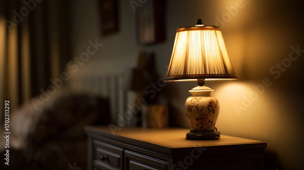 Fototapeta Illuminated lamp with patterned base sits on a dark wooden dresser in a dimly lit bedroom scene