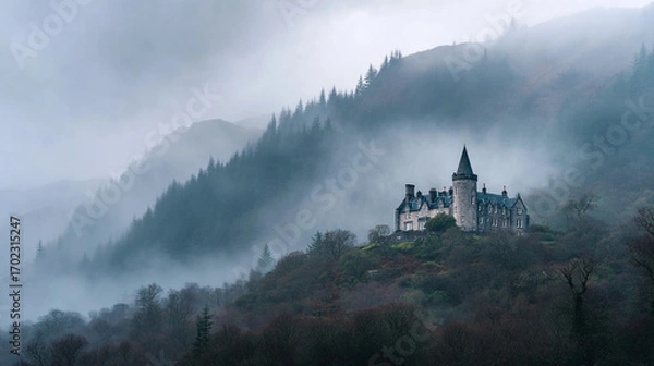 Fototapeta A castle perched atop a hill shrouded in mist with mountains and trees in the background scenery view
